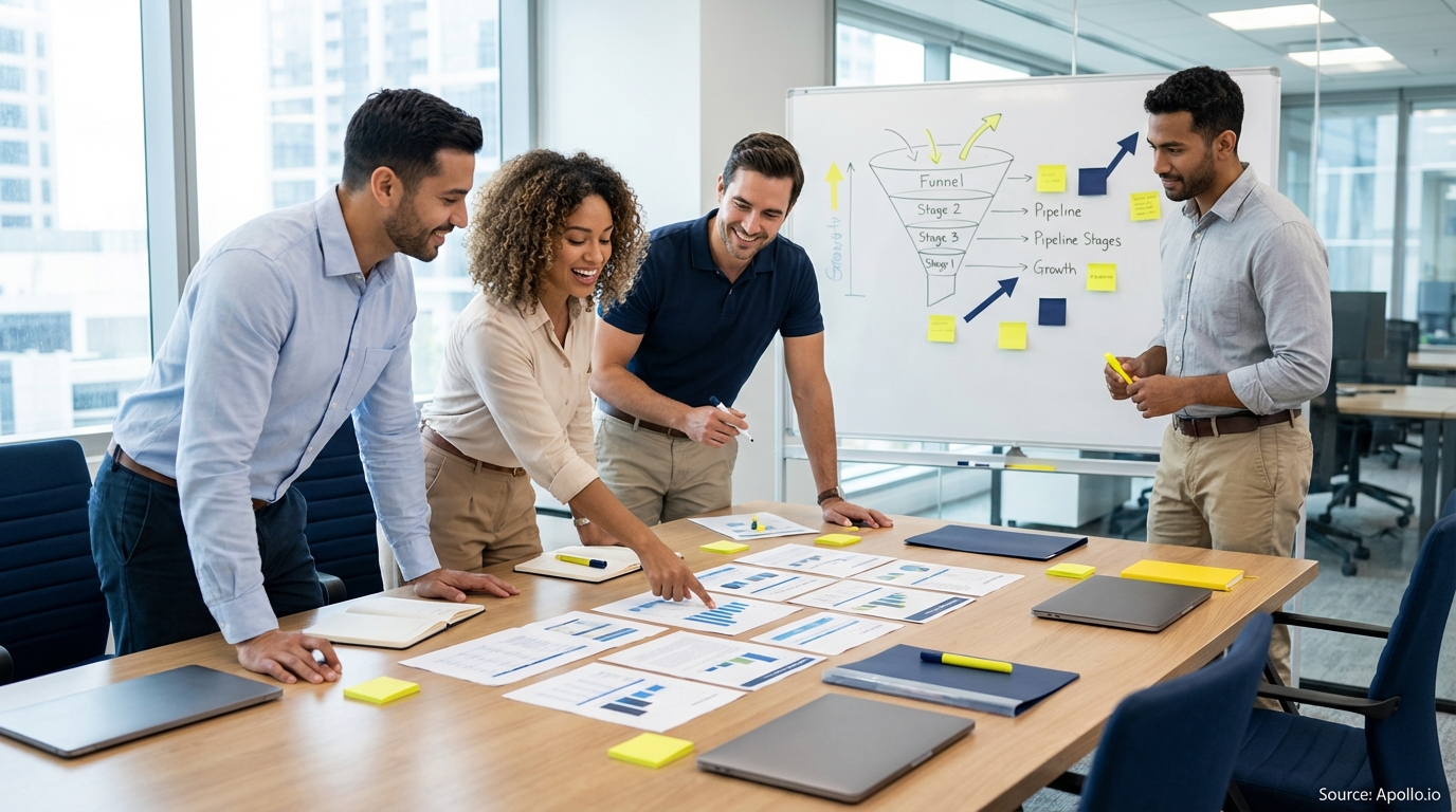 Sales professionals discussing strategy around a conference table in a sales team meeting