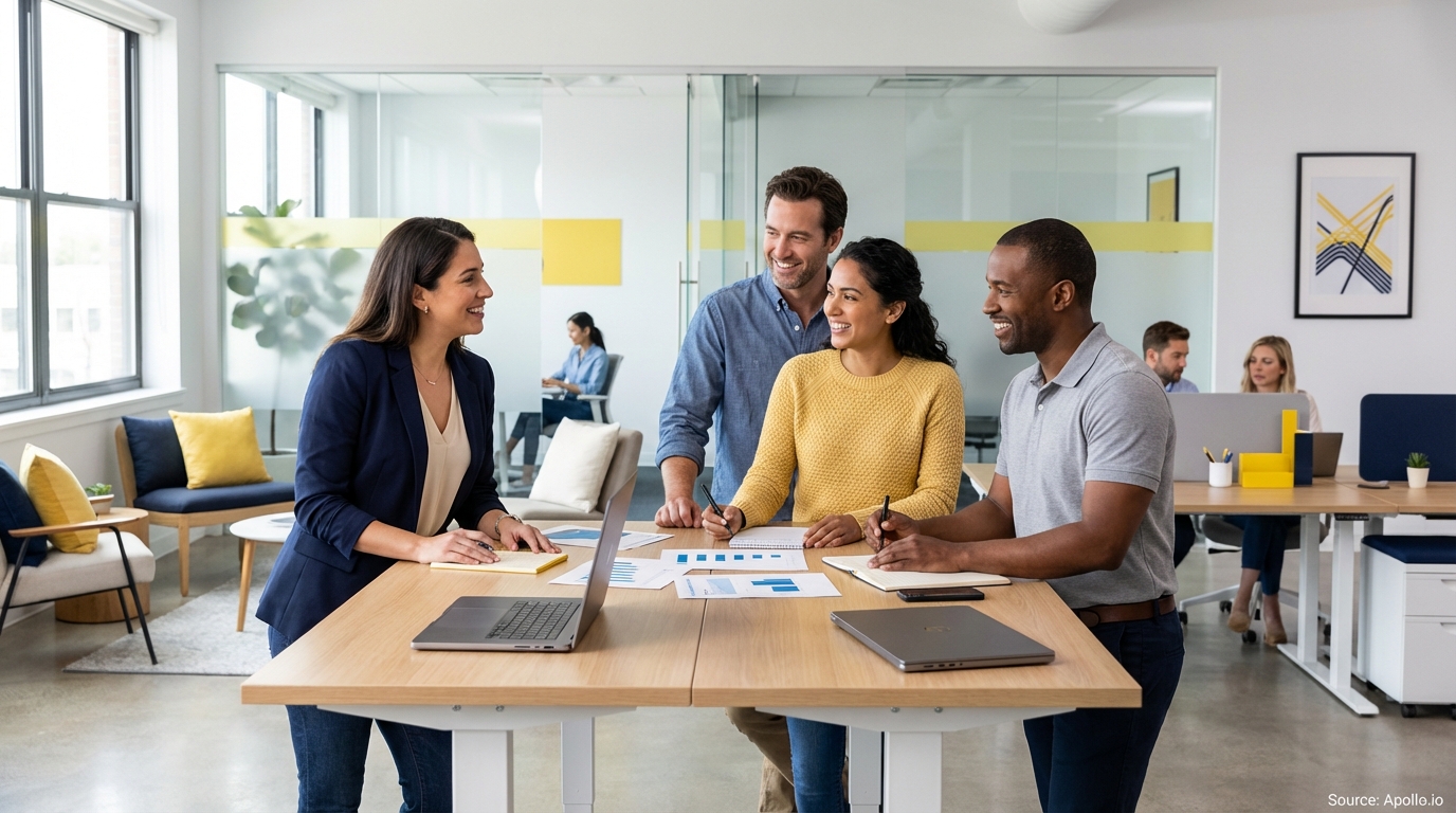 Sales team collaborating in a modern open-plan office in a sales team meeting