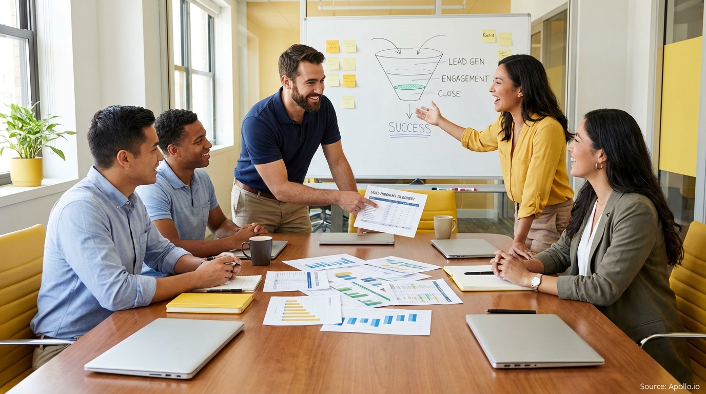 Sales professionals discussing strategy around a conference table in a sales team meeting
