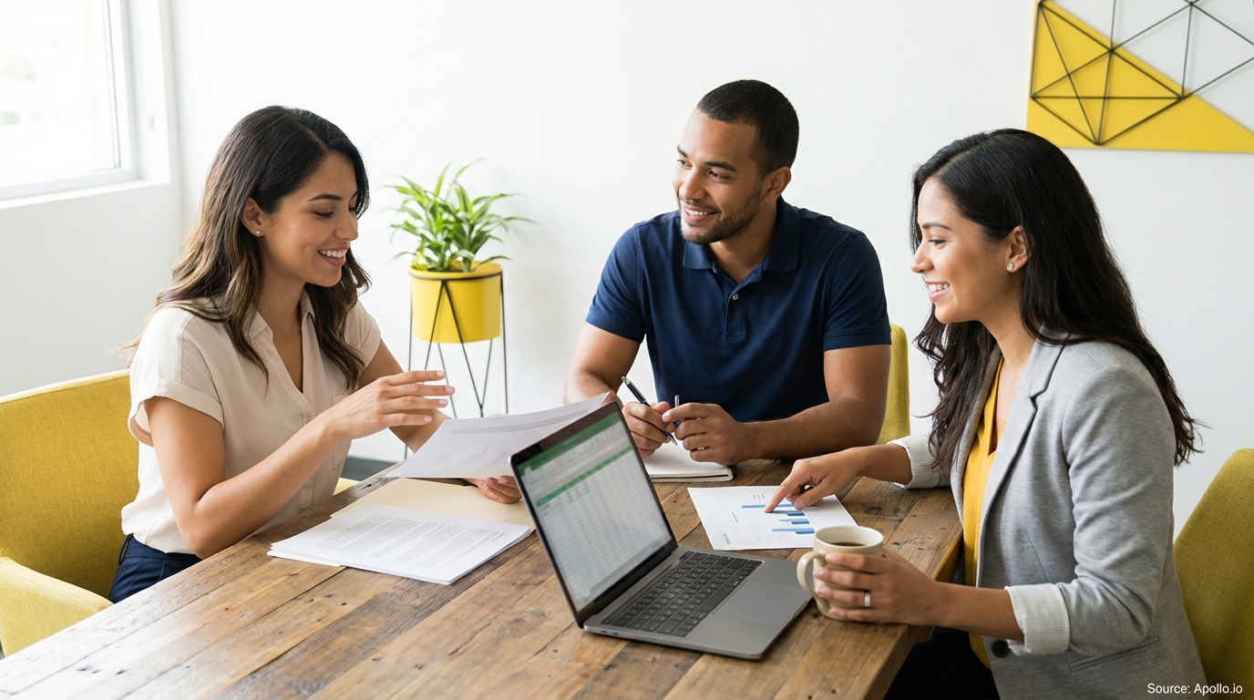 Three professionals analyze charts, documents, and data on a laptop at a table.