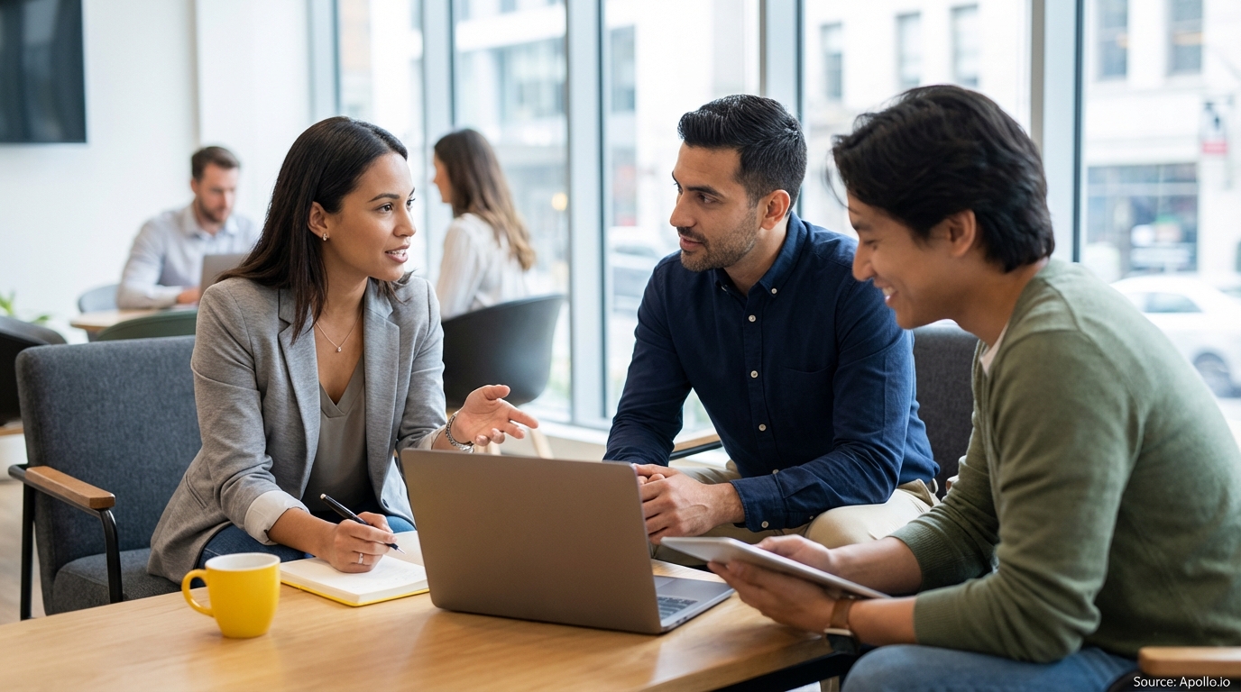Three professionals discussing and taking notes at a table with a laptop and tablet in an office.
