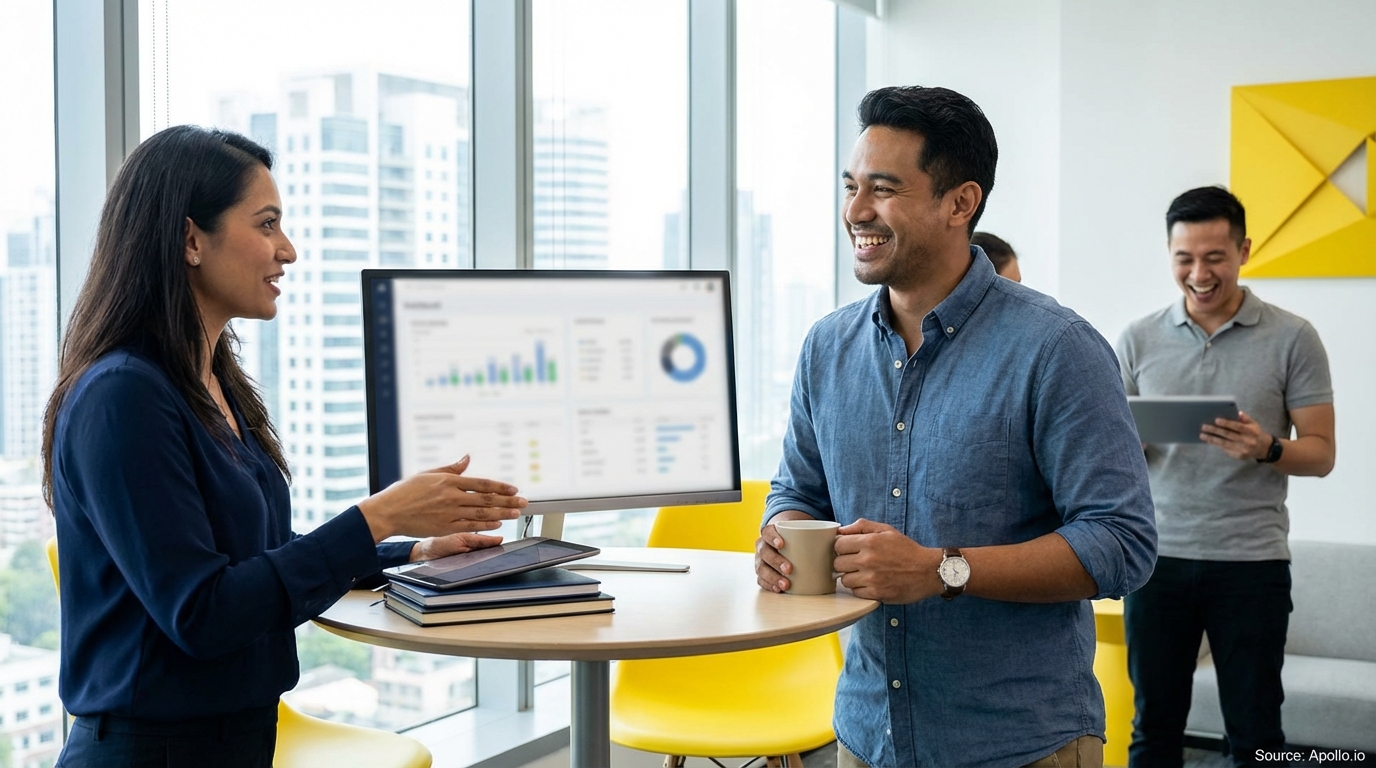 Three smiling professionals discuss data at a modern office table with city views.