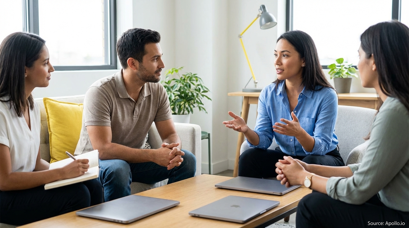 Four professionals discuss in a modern lounge; one takes notes, with laptops on the table.