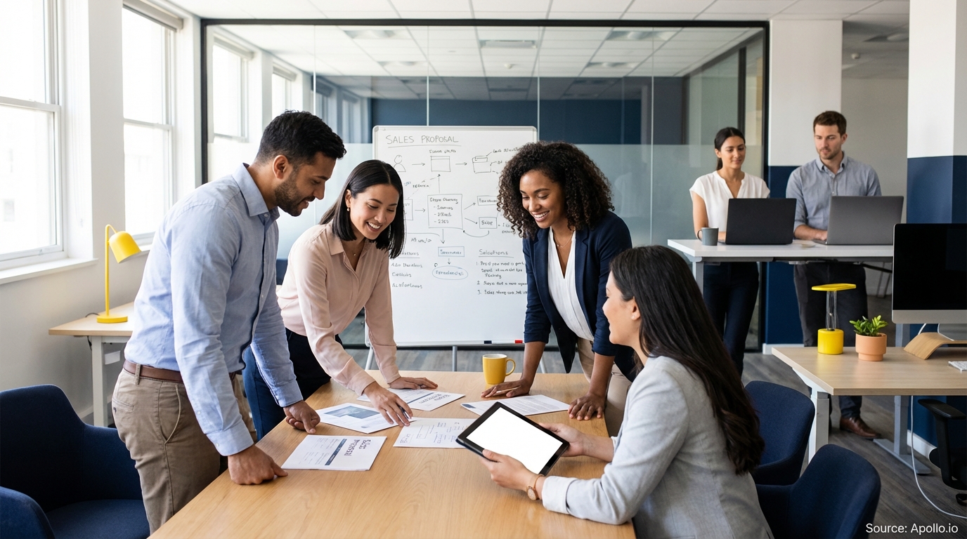 Sales team collaborating in a modern open-plan office in a sales team meeting