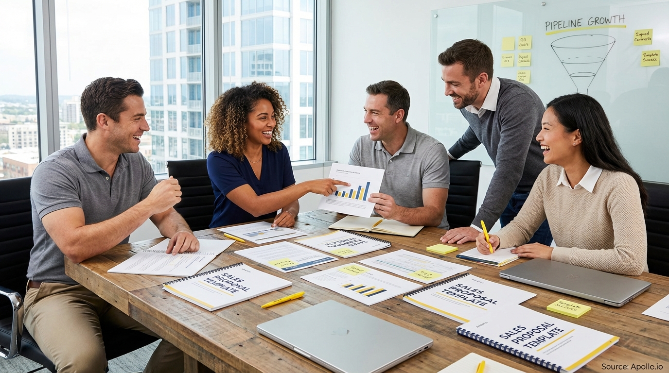 Sales professionals discussing strategy around a conference table in a sales team meeting