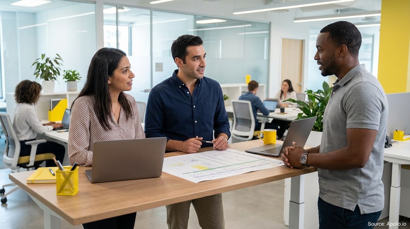 Sales team collaborating in a modern open-plan office reviewing lead generation strategies