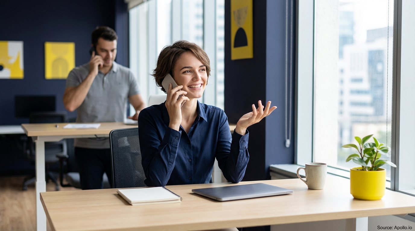 Two professionals talk on phones in a modern office setting with bright windows.