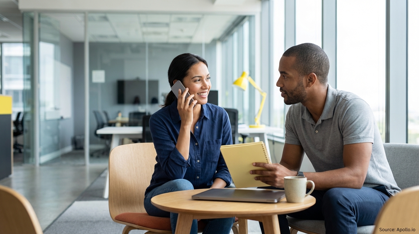 A smiling woman talks on her phone next to a man with a notebook in a modern office.