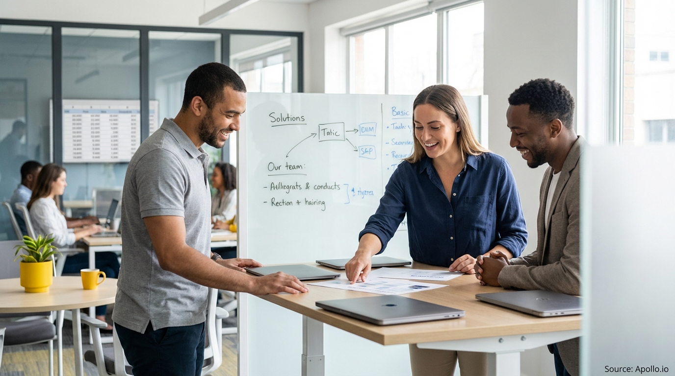 Sales team collaborating in a modern open-plan office reviewing lead generation strategies