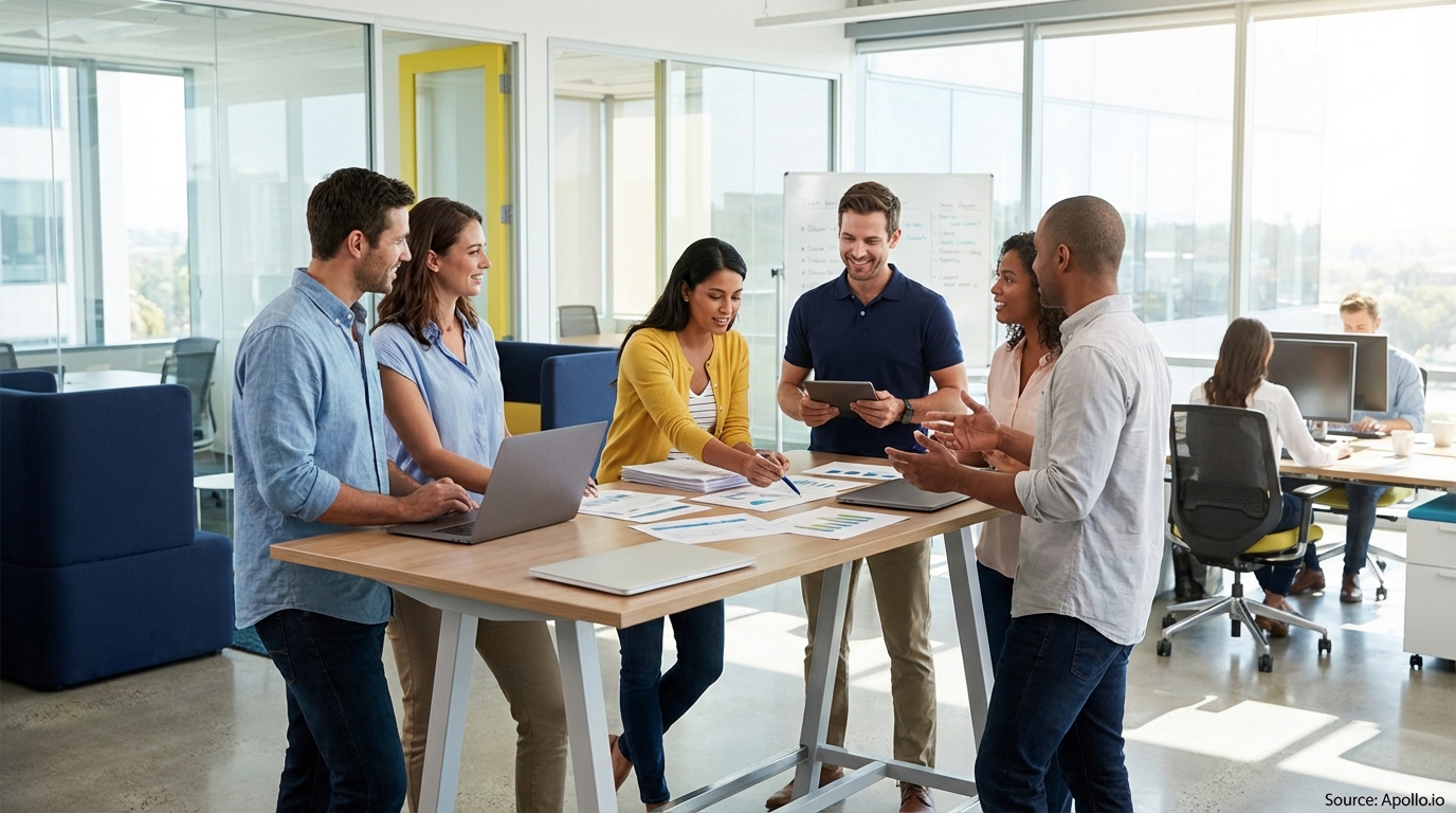 Sales team collaborating in a modern open-plan office reviewing lead generation strategies