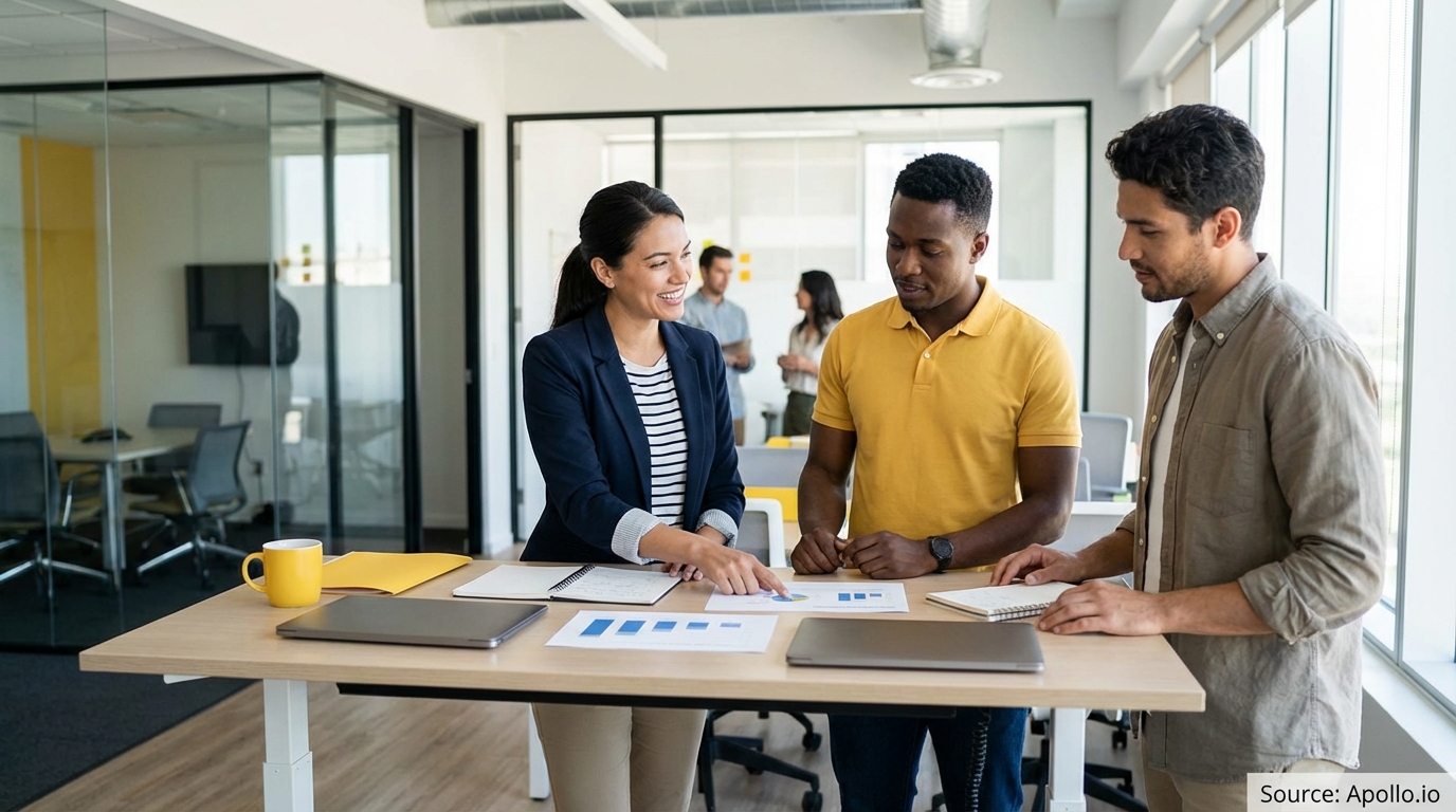 Sales team collaborating in a modern open-plan office in a sales team meeting