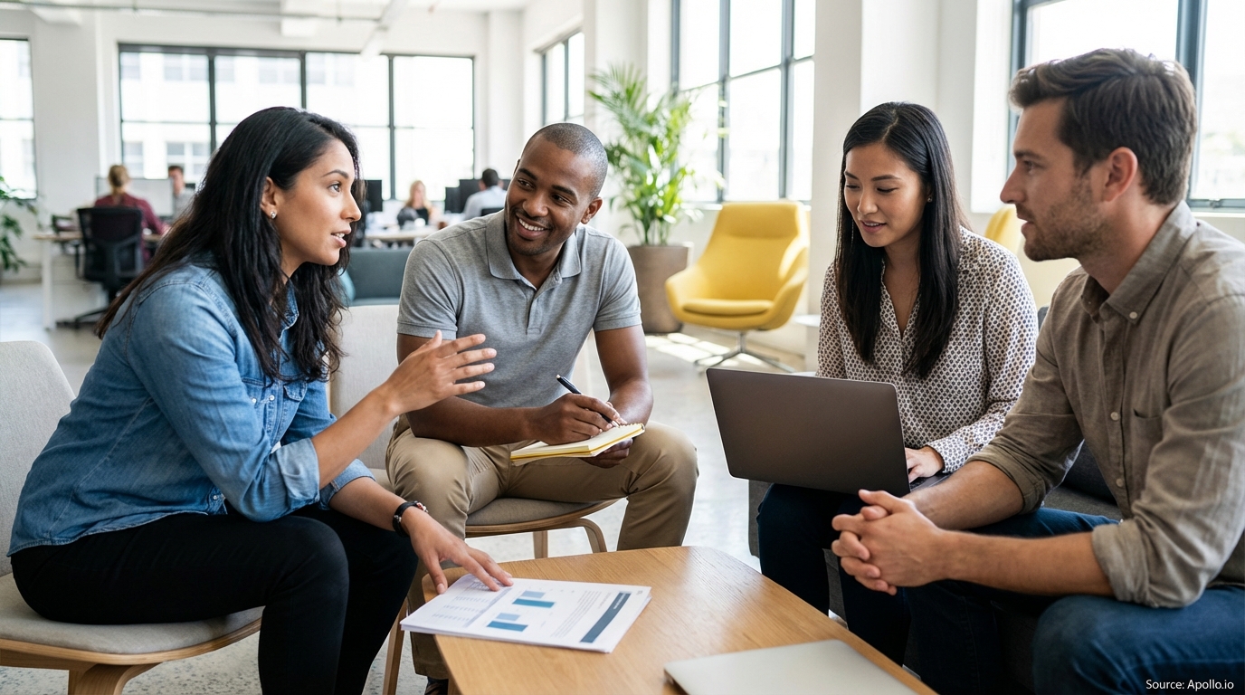 Four diverse professionals discussing documents and laptops in a modern office.