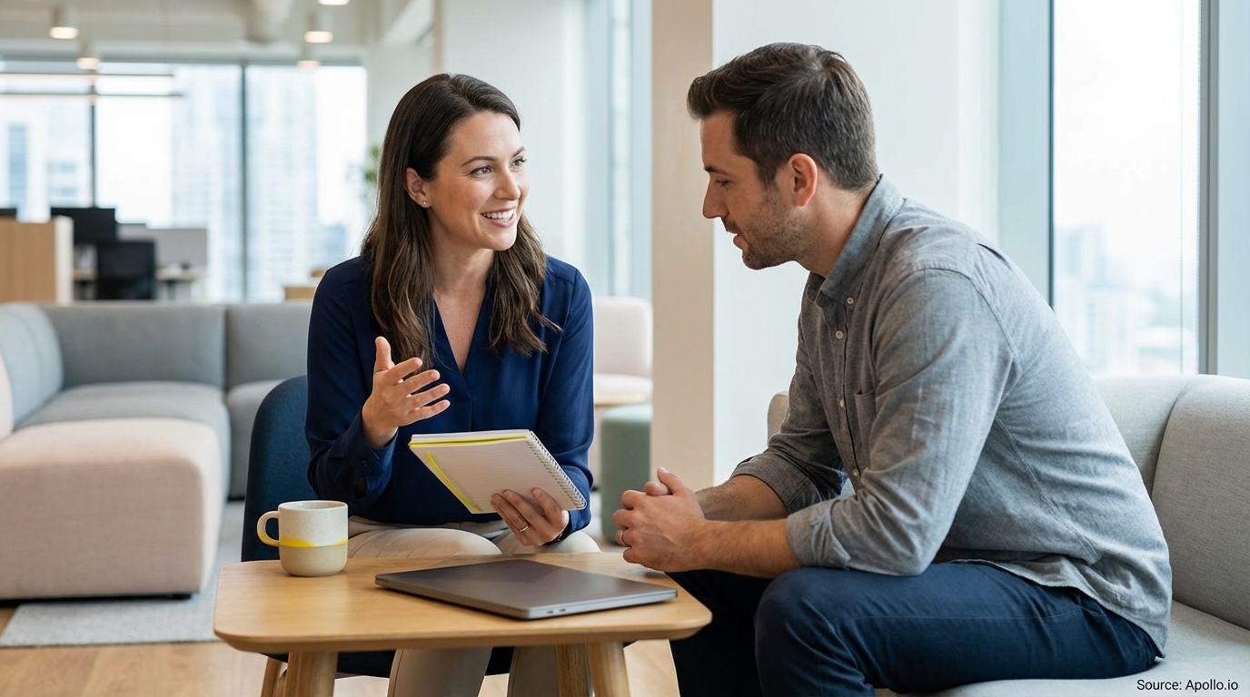Woman explains to man in modern office lounge, holding notebook.