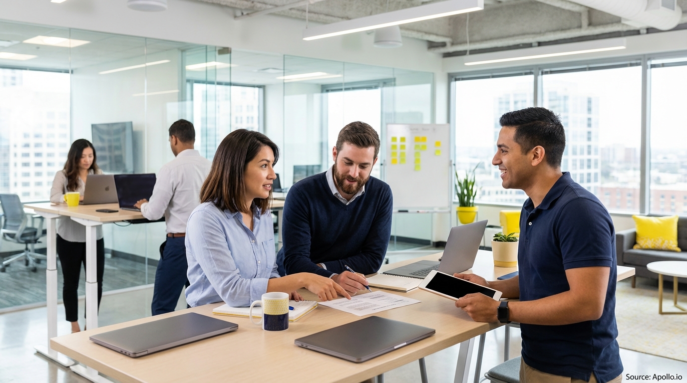 Sales team collaborating in a modern open-plan office evaluating sales technology options