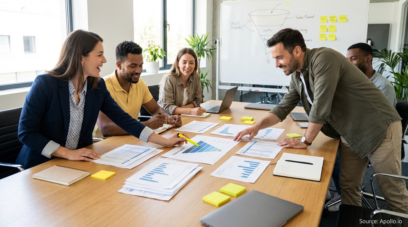 Sales professionals discussing strategy around a conference table evaluating sales technology options