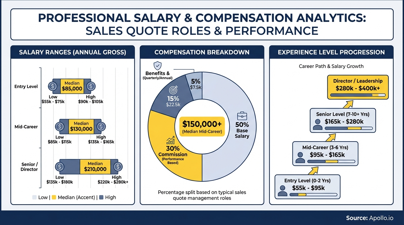 Infographic showing sales professional salary ranges and compensation breakdown by experience level