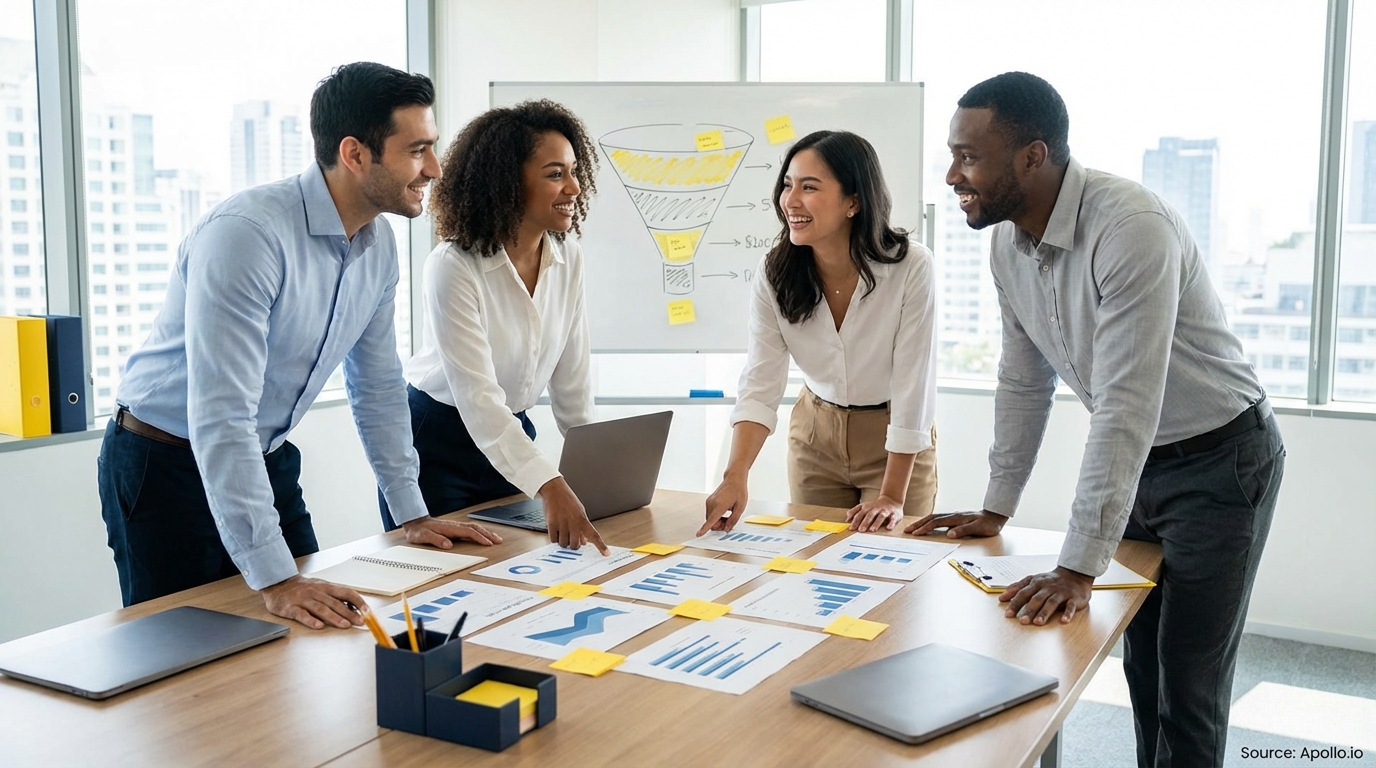 Sales professionals discussing strategy around a conference table in a sales team meeting
