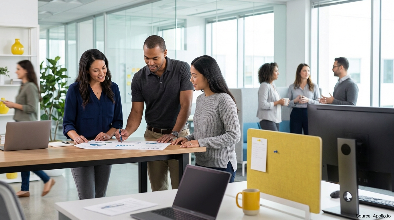 Sales team collaborating in a modern open-plan office in a sales team meeting