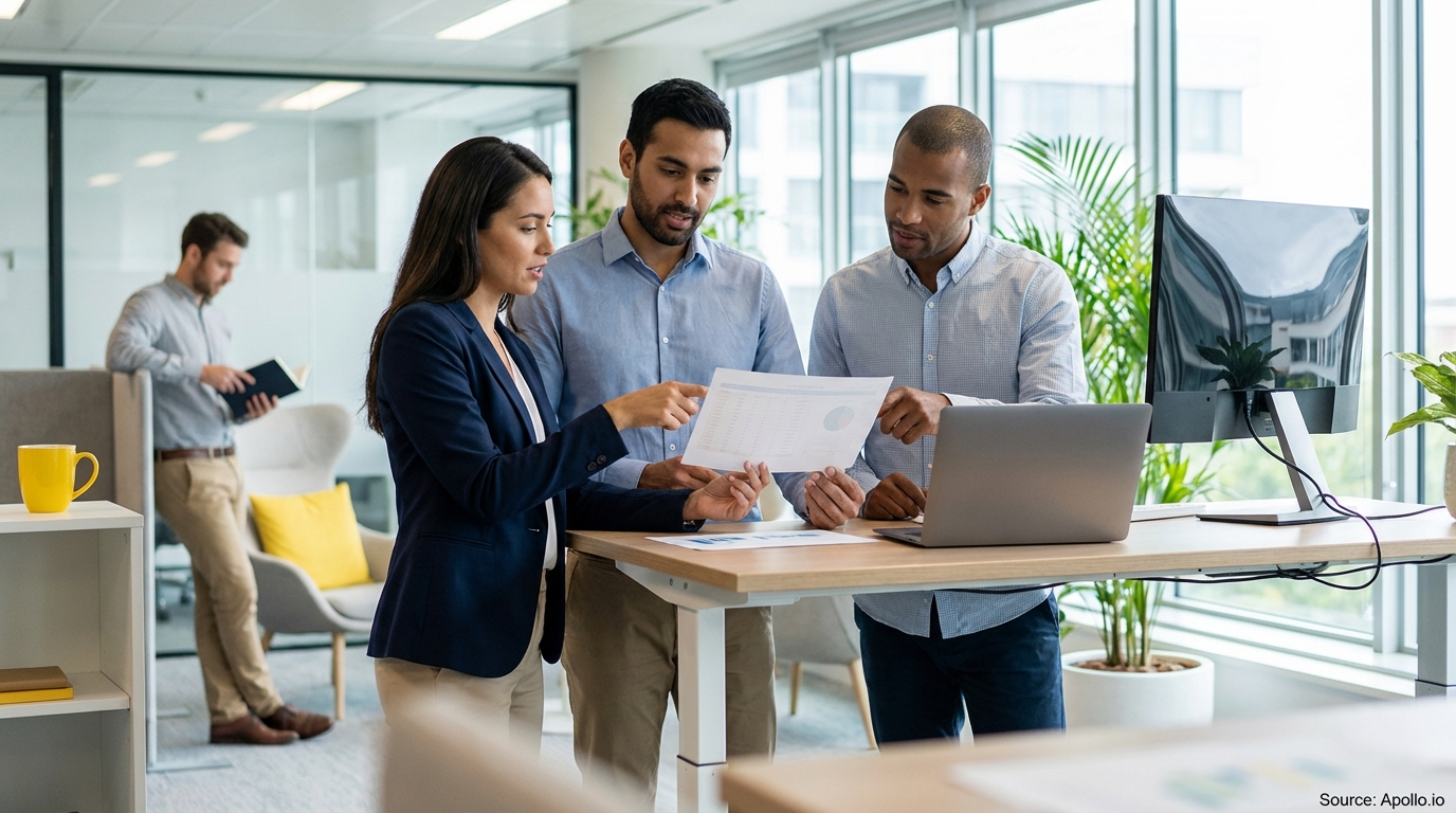 Sales team collaborating in a modern open-plan office evaluating sales technology options