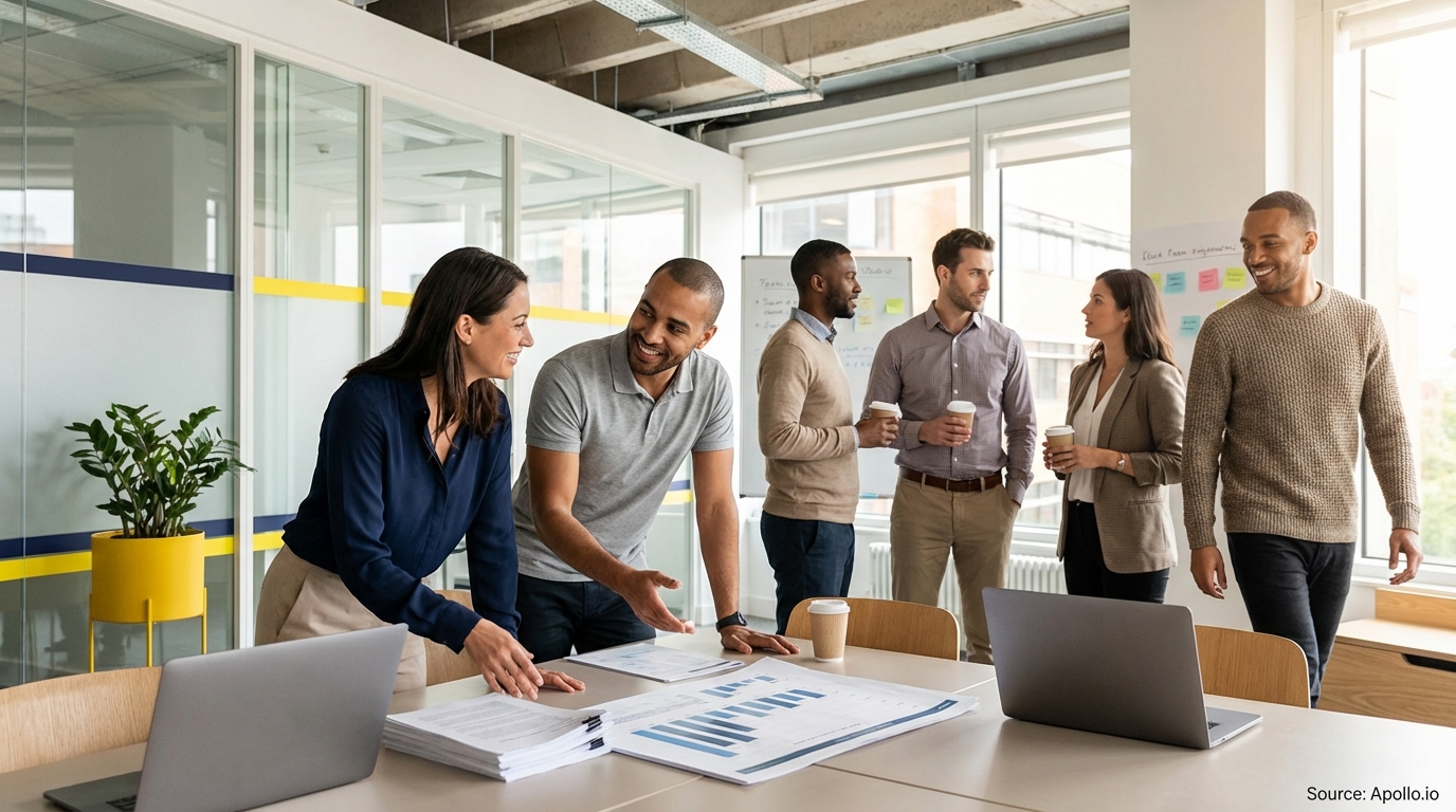 Sales team collaborating in a modern open-plan office in a sales team meeting