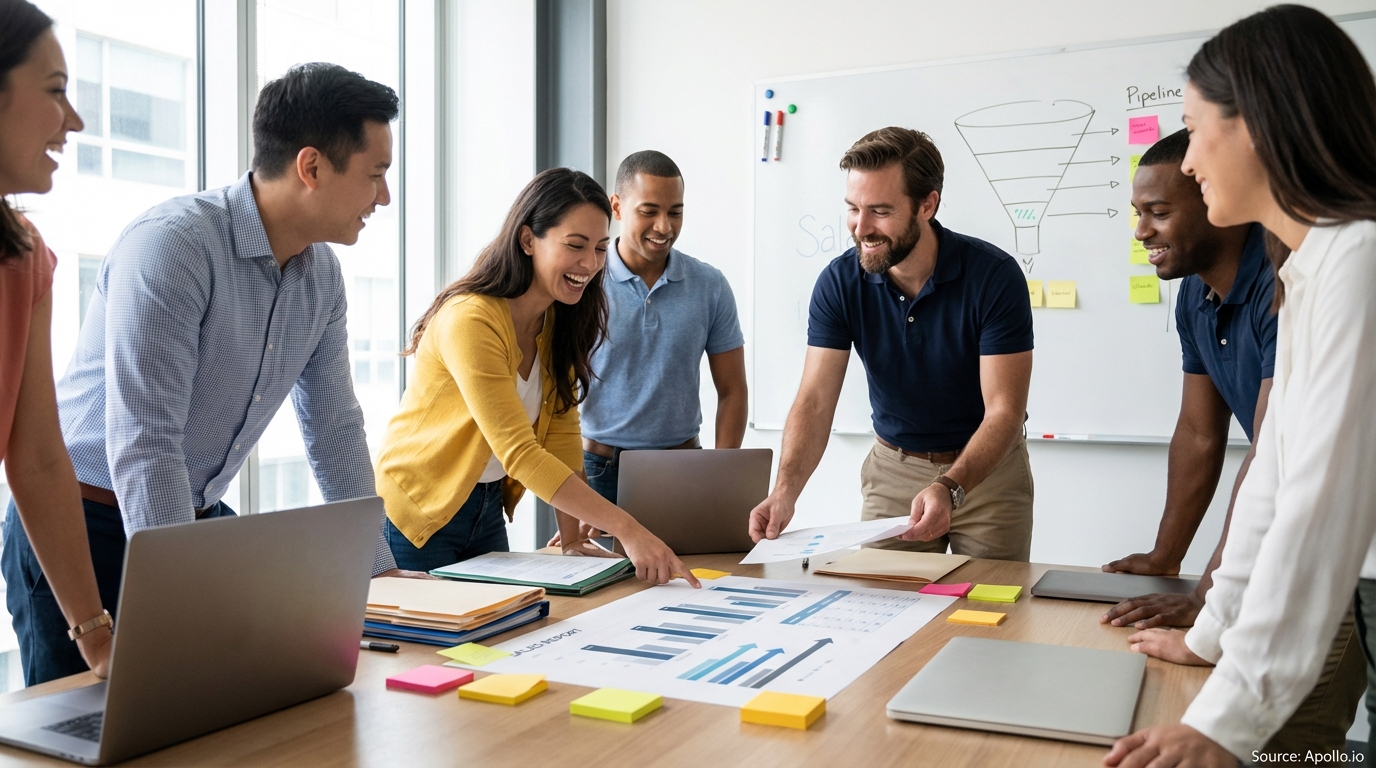 Sales professionals discussing strategy around a conference table in a sales team meeting