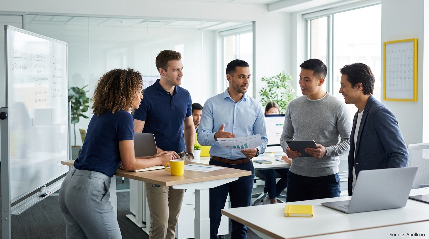 Sales team collaborating in a modern open-plan office in a sales team meeting