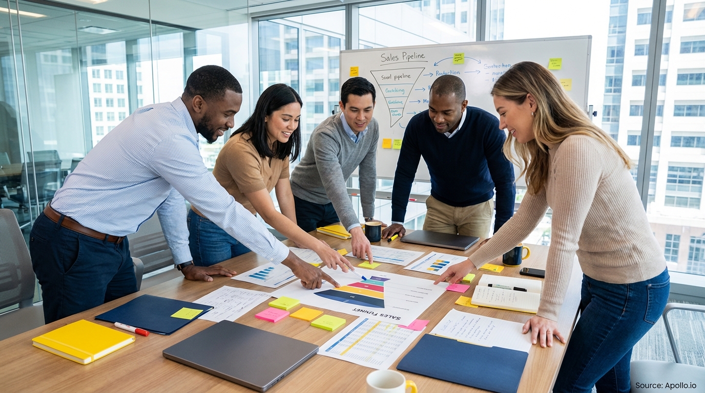 Sales professionals discussing strategy around a conference table in a sales team meeting