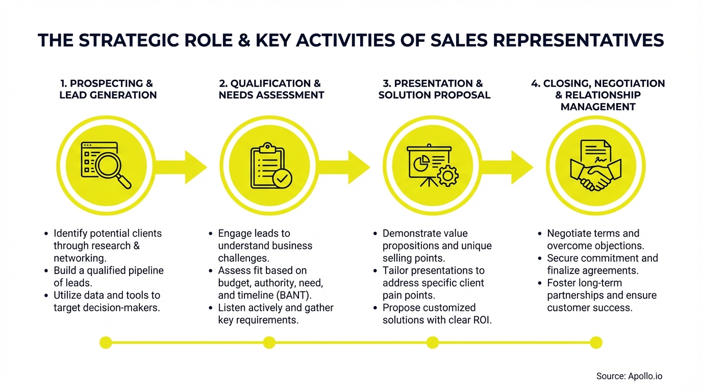 A diagram illustrating the four-step sales process: prospecting, qualification, presentation, and closing.