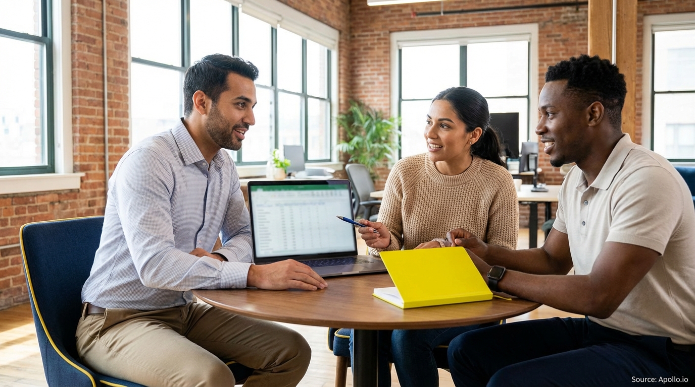 Three colleagues collaborating on a spreadsheet at a modern office table.
