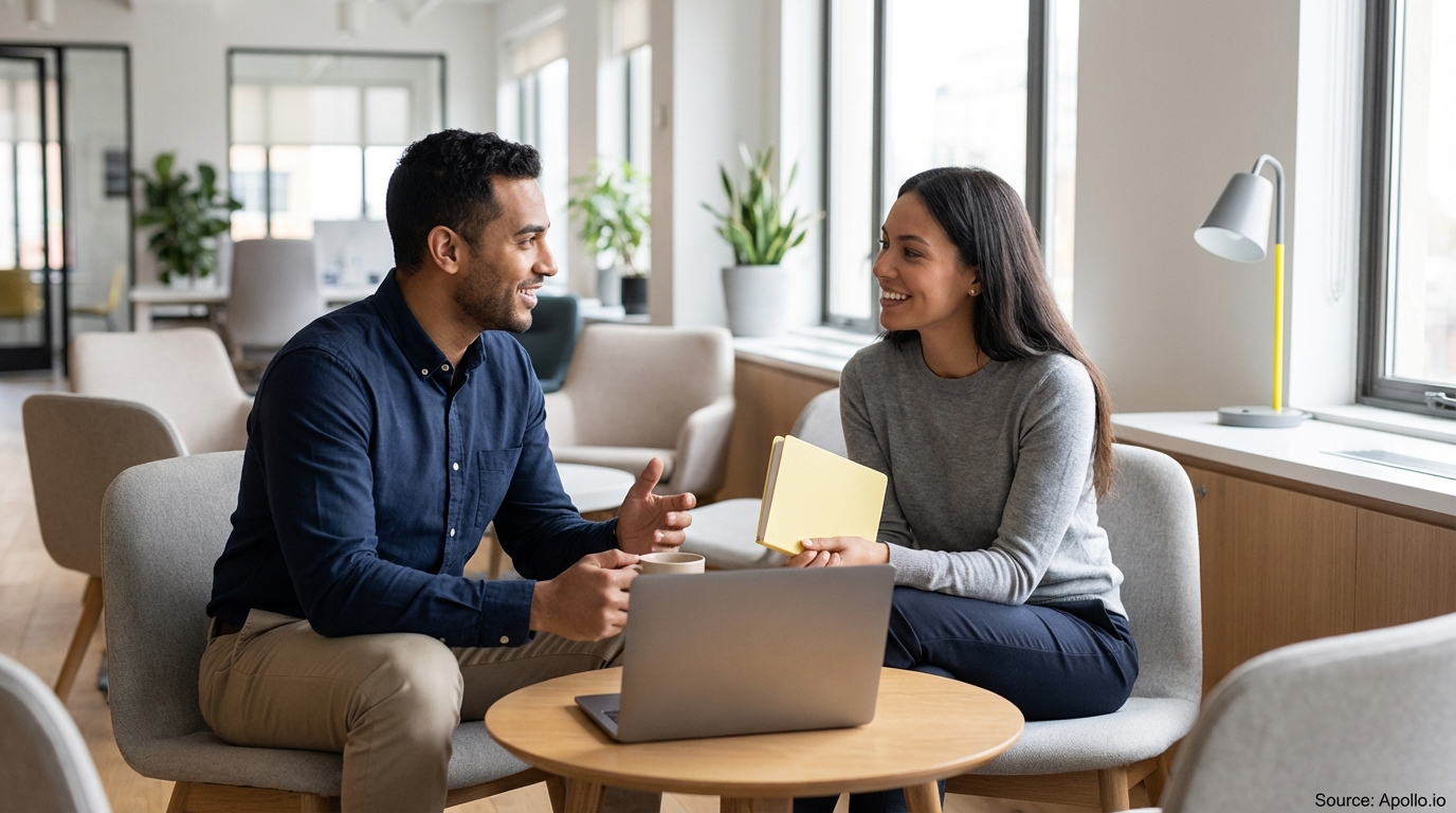 Two smiling professionals converse in a modern office lounge with a laptop.