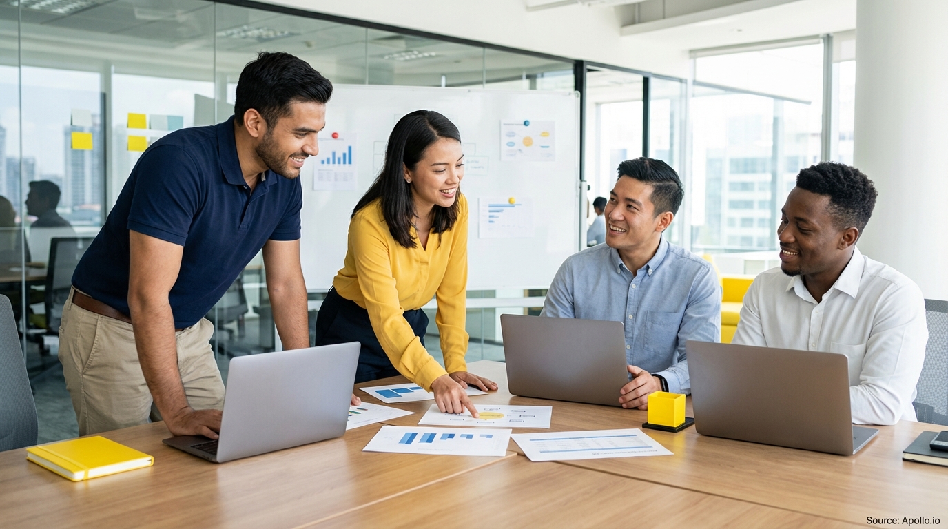 Sales team collaborating in a modern open-plan office in a sales team meeting