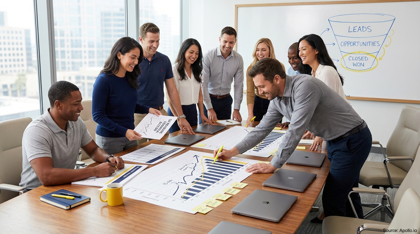 Sales professionals discussing strategy around a conference table in a sales team meeting