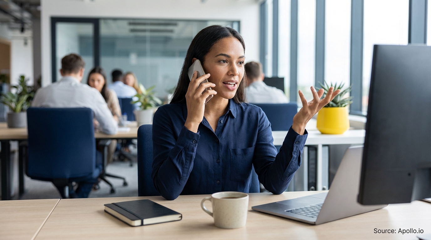 Woman talks on phone and gestures at her desk in a busy modern office.