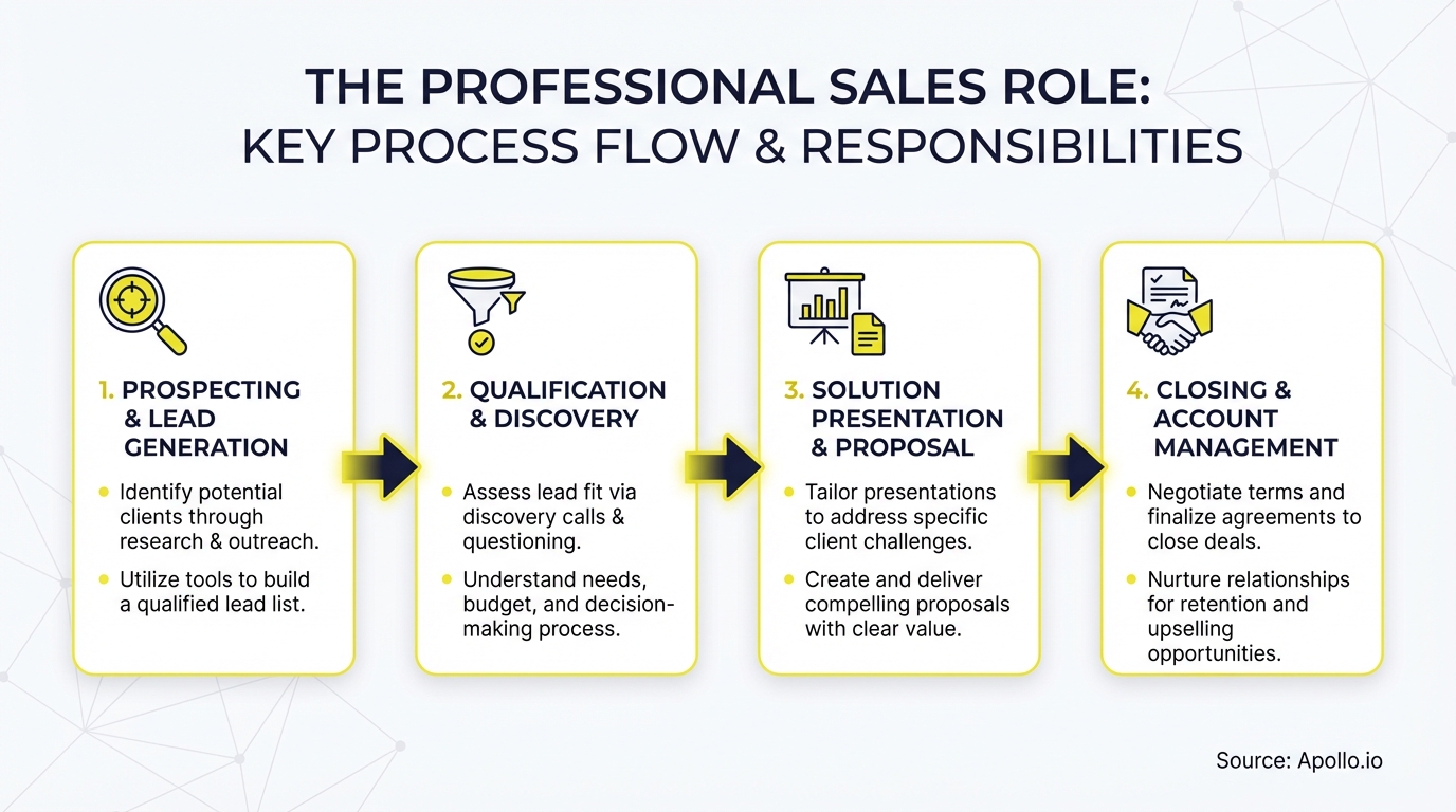 A four-step sales process flow with icons and descriptions of prospecting, qualification, solution, and closing.