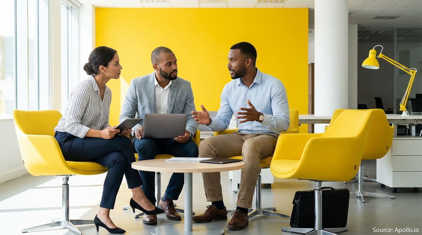 Three colleagues having a meeting in a bright yellow modern office.