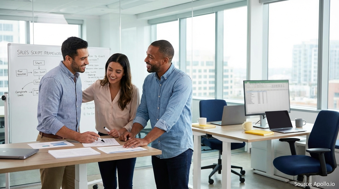 Sales team collaborating in a modern open-plan office in a sales team meeting