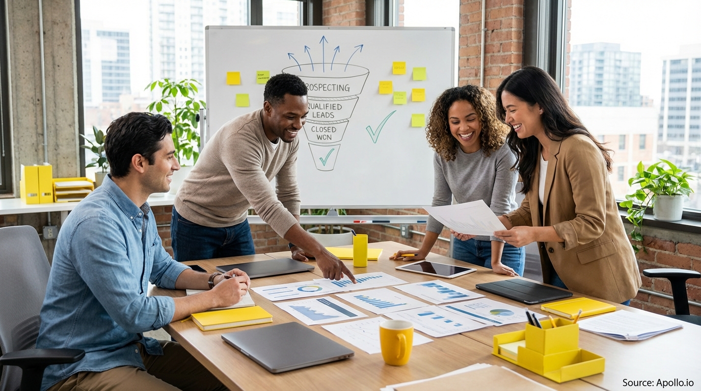 Sales professionals discussing strategy around a conference table in a sales team meeting