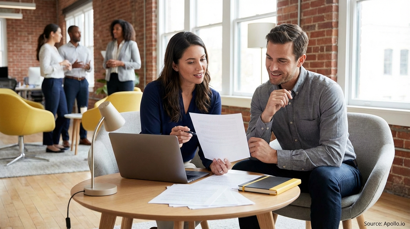 Two professionals discussing documents and a laptop at a modern office table.