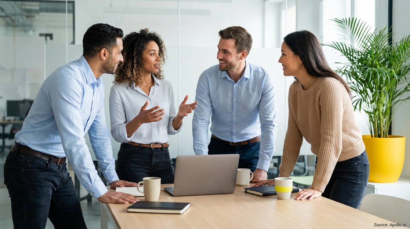 Four professionals collaborate around a table with a laptop in a modern office.