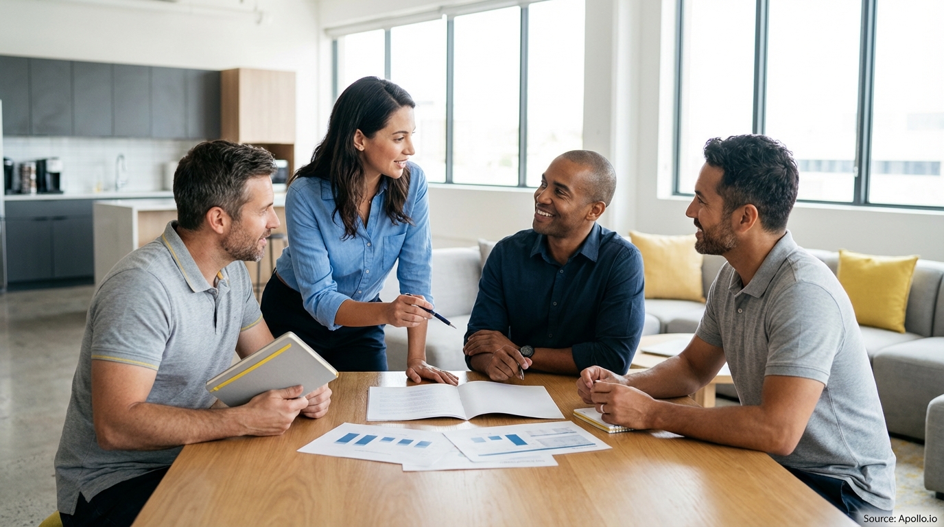 Four people discuss data on papers at a modern office table.