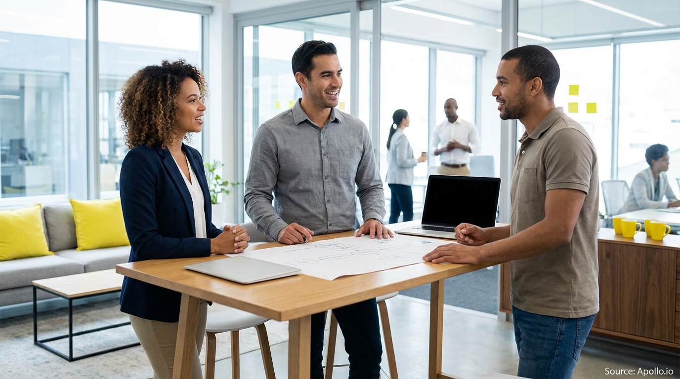 Sales team collaborating in a modern open-plan office in a sales team meeting