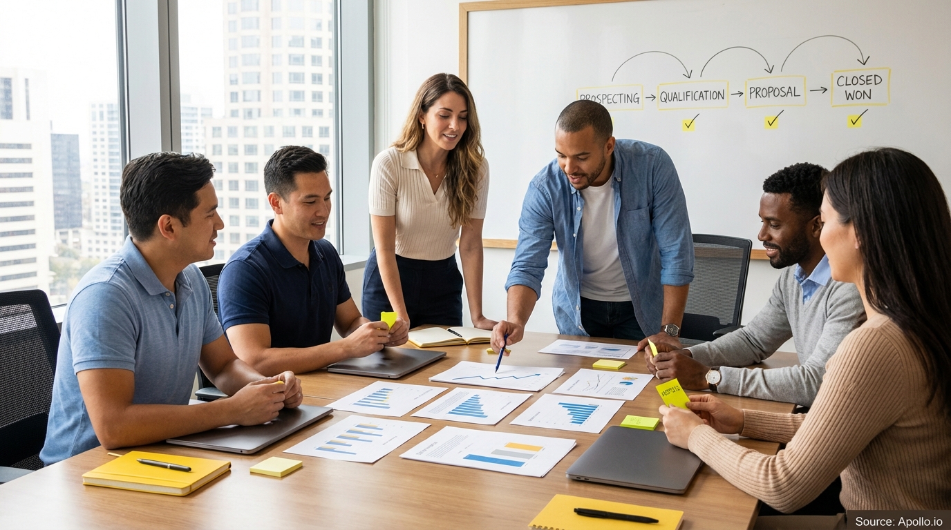Sales professionals discussing strategy around a conference table in a sales team meeting
