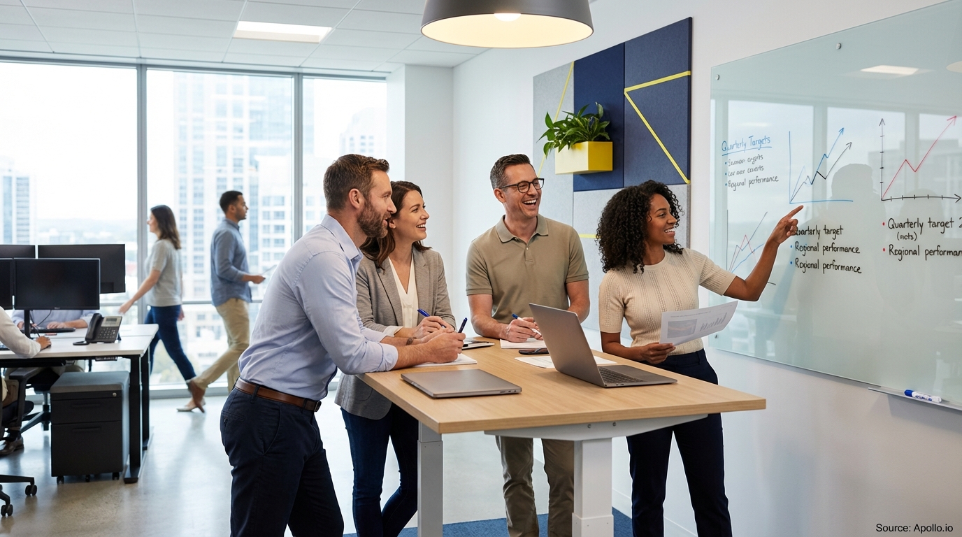 Sales team collaborating in a modern open-plan office in a sales team meeting