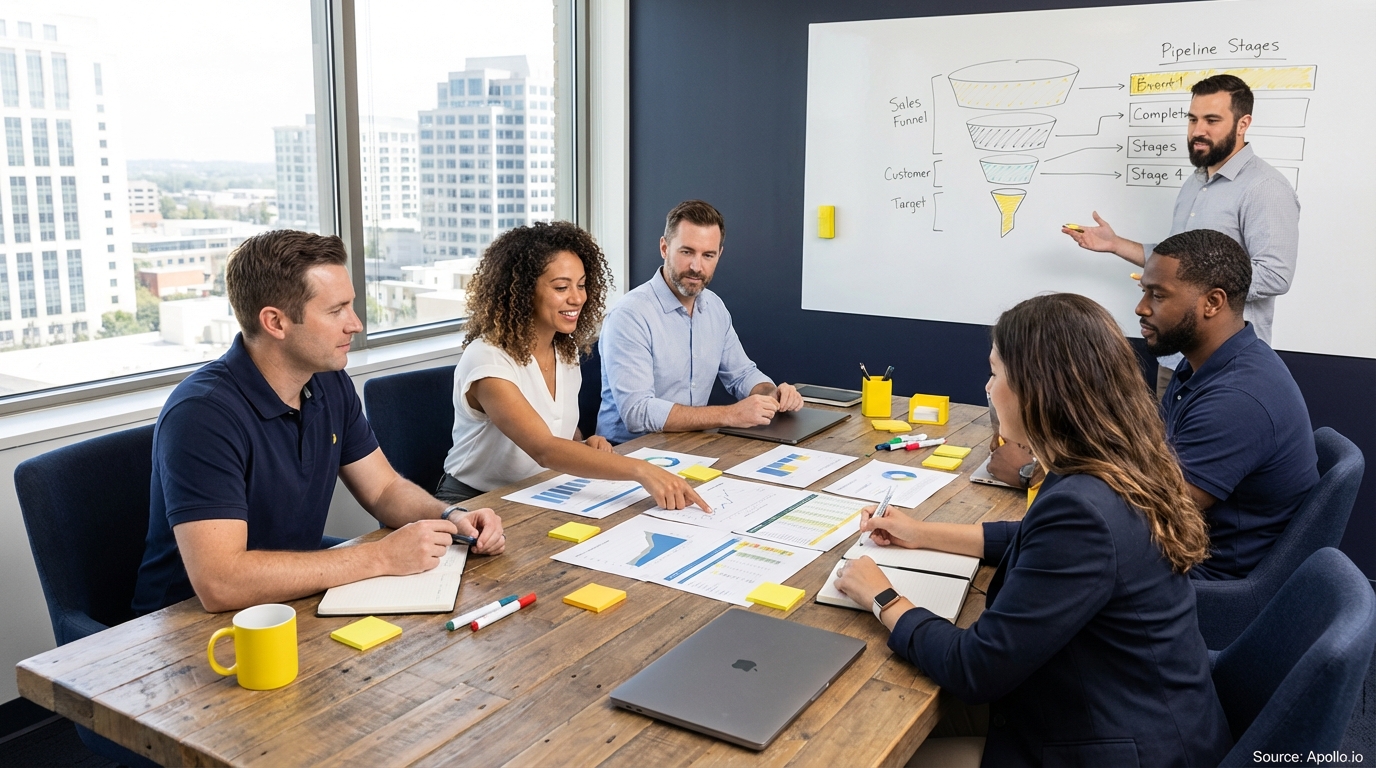 Sales professionals discussing strategy around a conference table in a sales team meeting