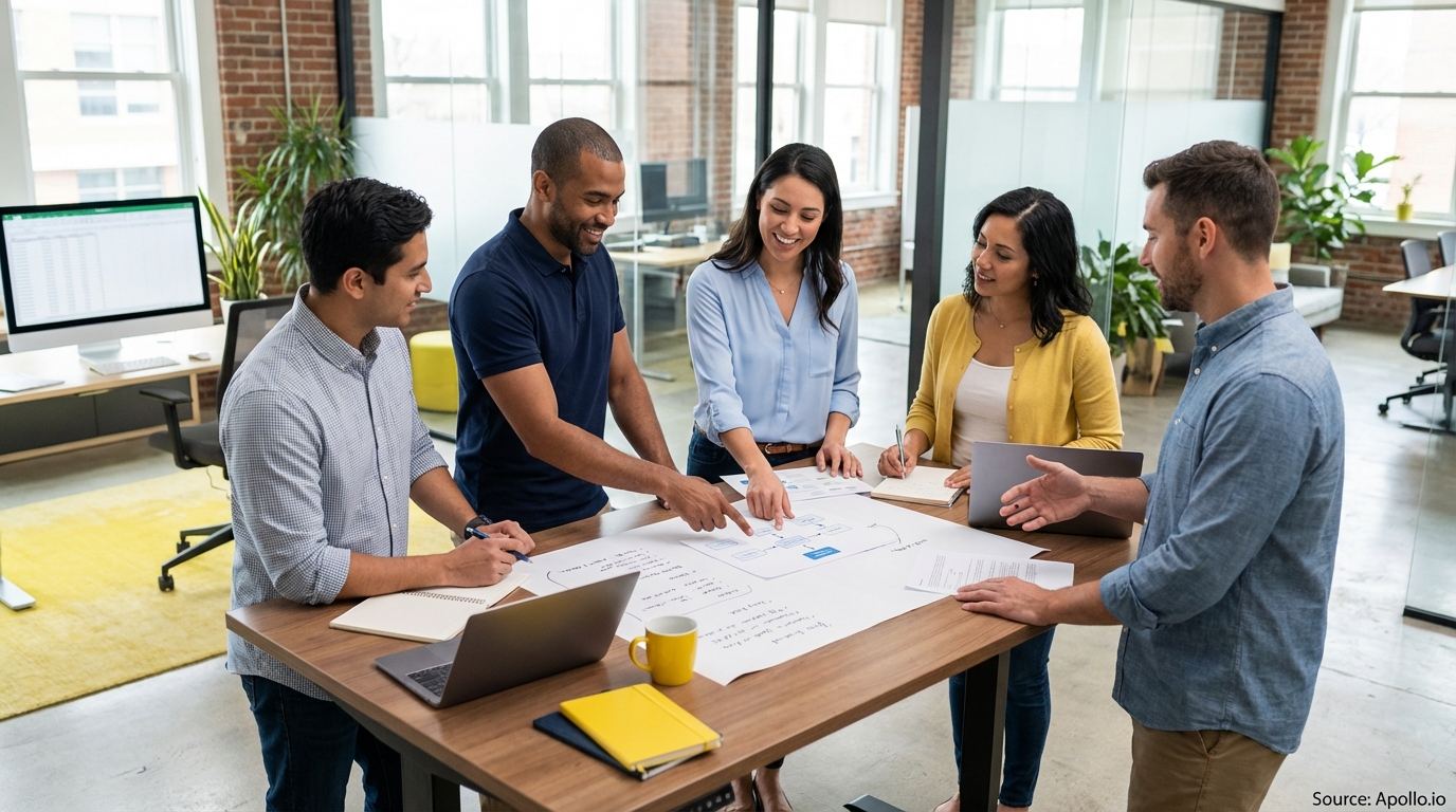 Sales team collaborating in a modern open-plan office developing growth strategies