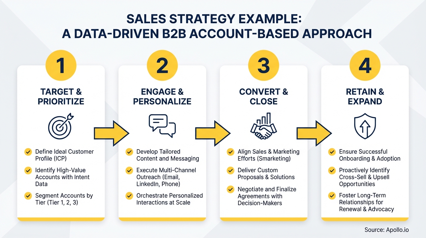 Infographic summarizing key sales strategy with actionable steps