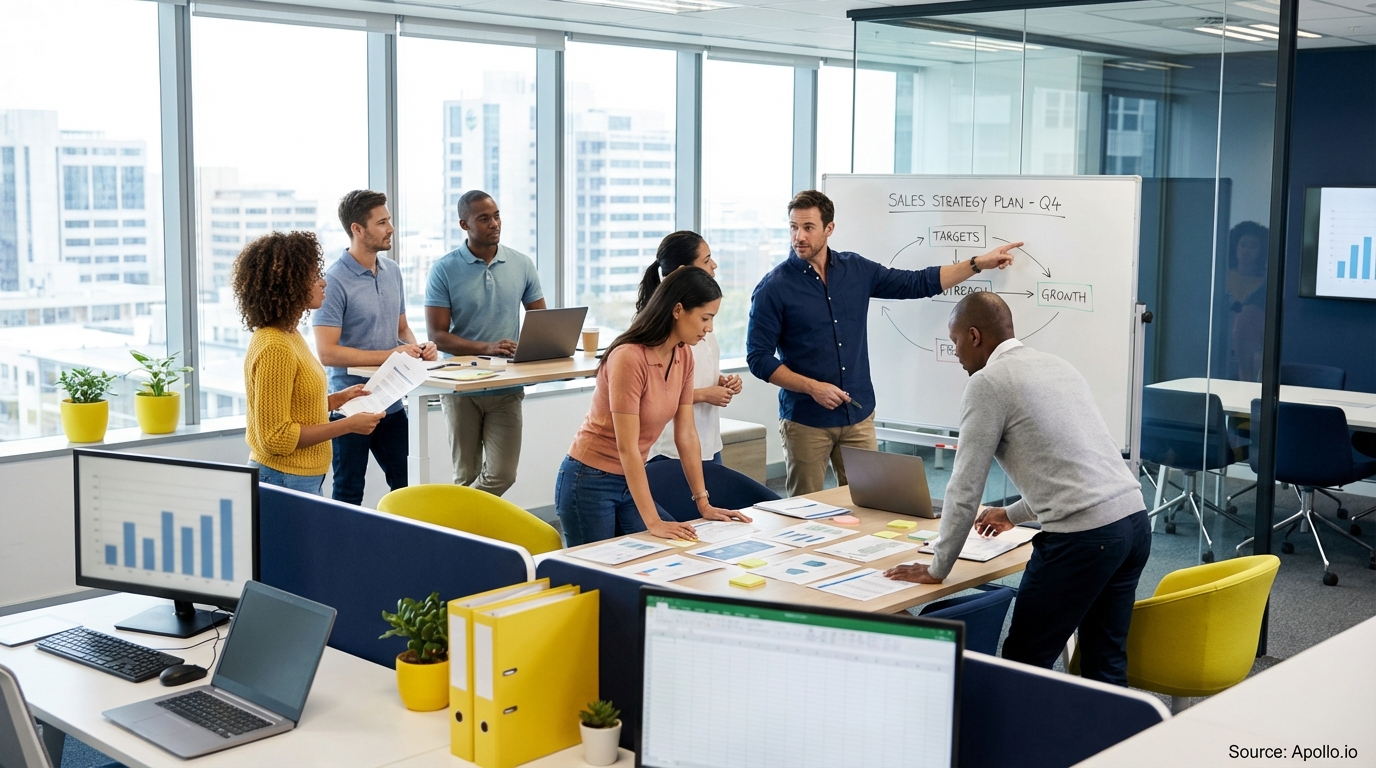 Sales team collaborating in a modern open-plan office developing growth strategies