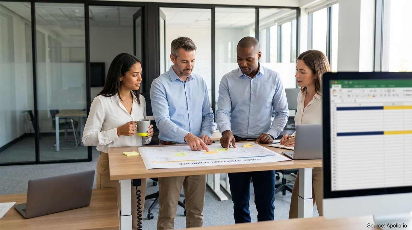 Sales team collaborating in a modern open-plan office developing growth strategies
