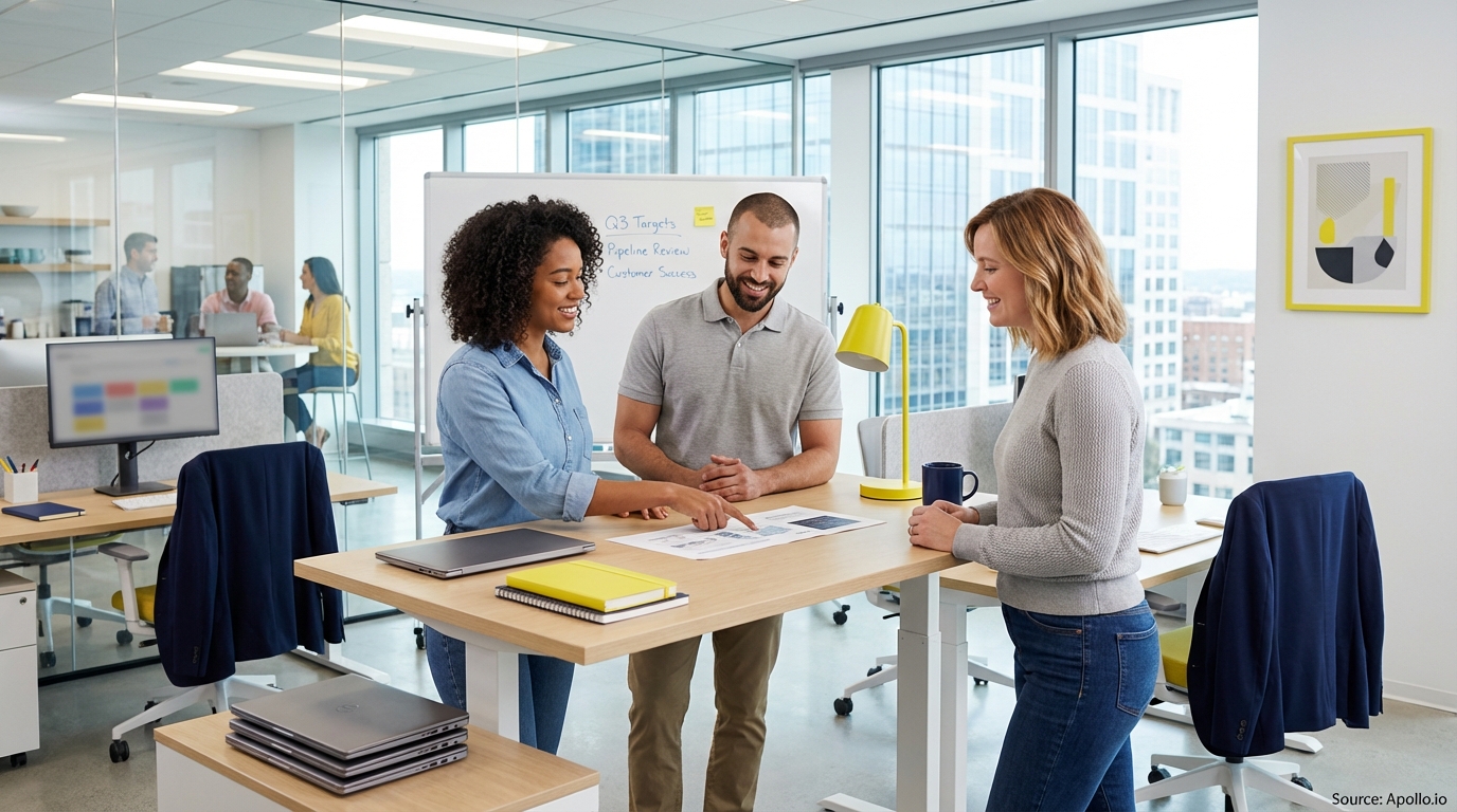 Sales team collaborating in a modern open-plan office in a sales team meeting