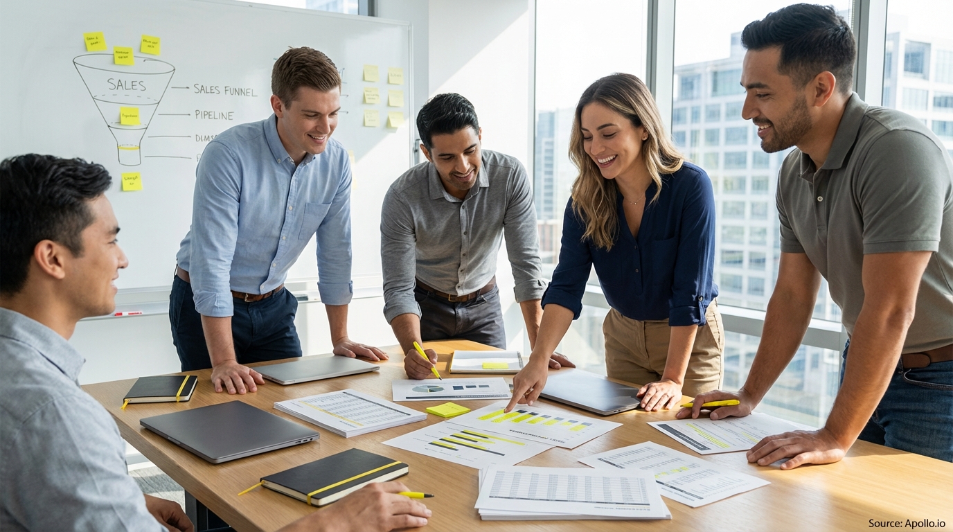 Sales professionals discussing strategy around a conference table in a sales team meeting